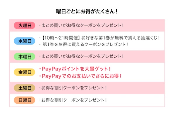 ebookjapanの曜日ごとクーポン